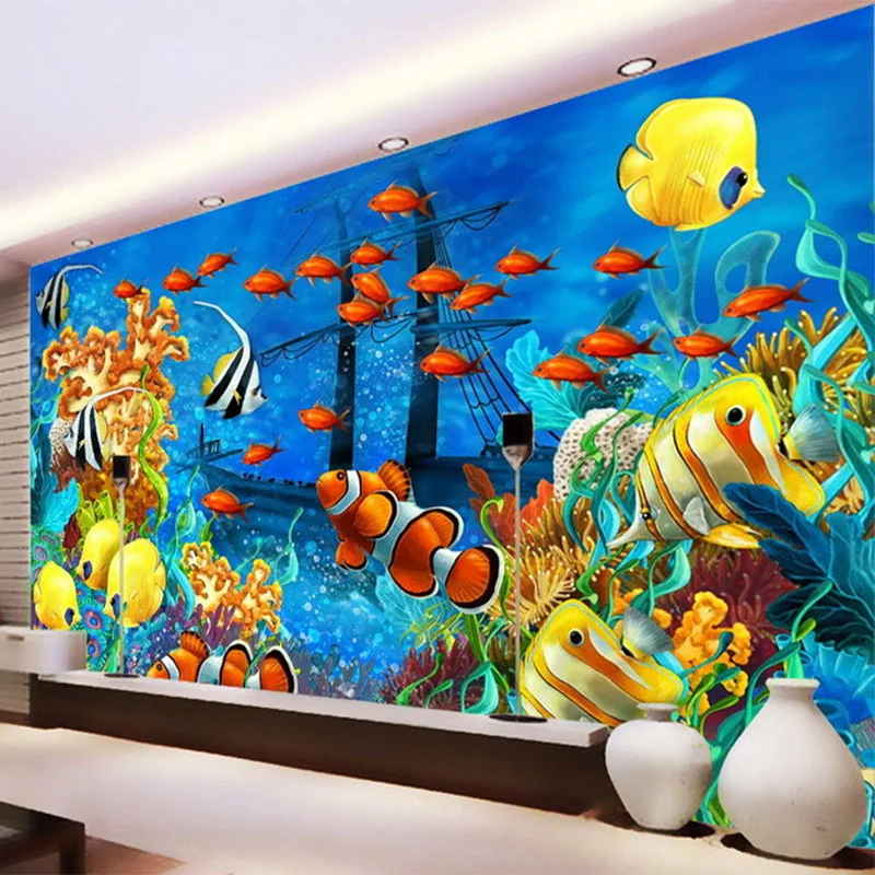 Photo Wallpaper 3D Stereo Cartoon Tropical Fish Underwater World Mural Wallpaper Custom Non-Woven Wallpaper Papel De Parede 3D