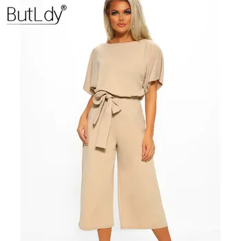 

Summer 2019 Jumpsuit Women Short Sleeve Lace-Up Casual Wide Leg Jumpsuit Romper Hollow Button Loose Elegant Bodysuit Overalls