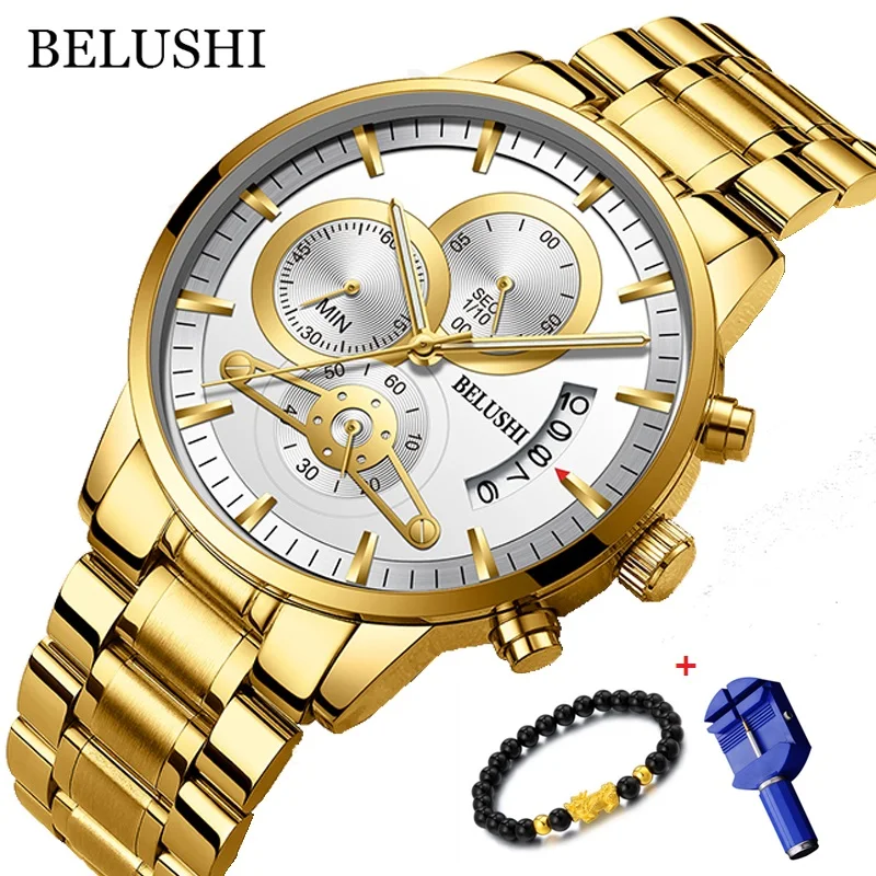 

Dropshipping BELUSHI Chronograph Watch Men Stainless Steel Large Dial Gold Watch Men Business Quartz Watch Erkek Kol Saati 2019