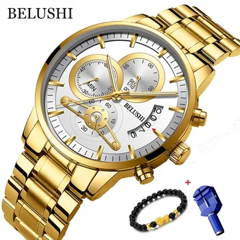 

Dropshipping BELUSHI Chronograph Watch Men Stainless Steel Large Dial Gold Watch Men Business Quartz Watch Erkek Kol Saati 2019