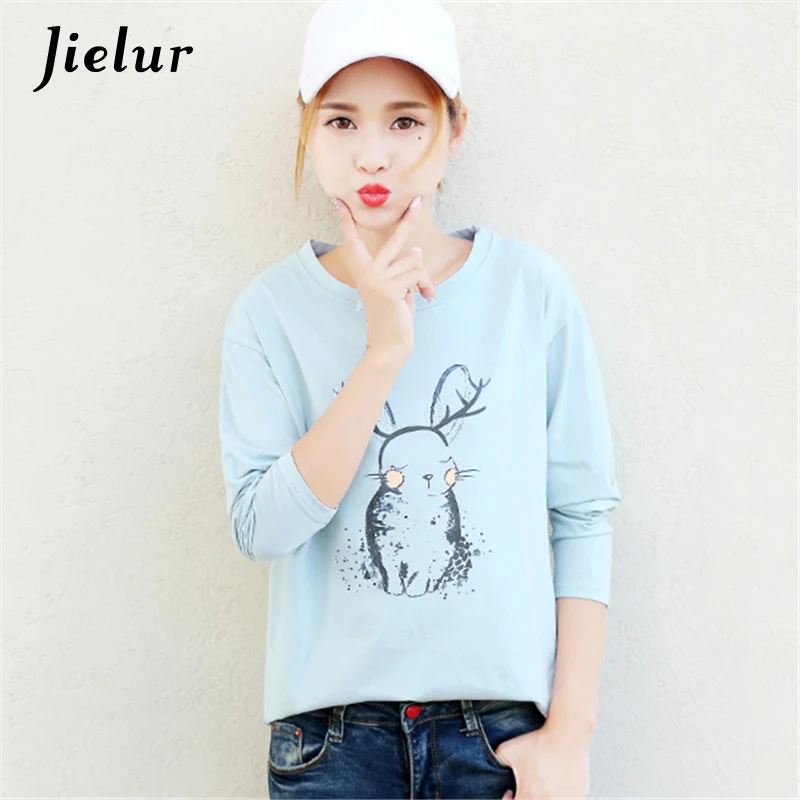 

Jielur Fall Cute Cartoon Rabbit Printed Top Female T-shirt M-XXL Casual Long Sleeve T shirt Women Simple Leisure T-shirts Girl