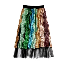 Женские модные юбки с пайетками Блестящий глиттер голограмма миди юбки с шифоновым подолом гофрированный с сеткой Женская юбка Faldas Mujer
