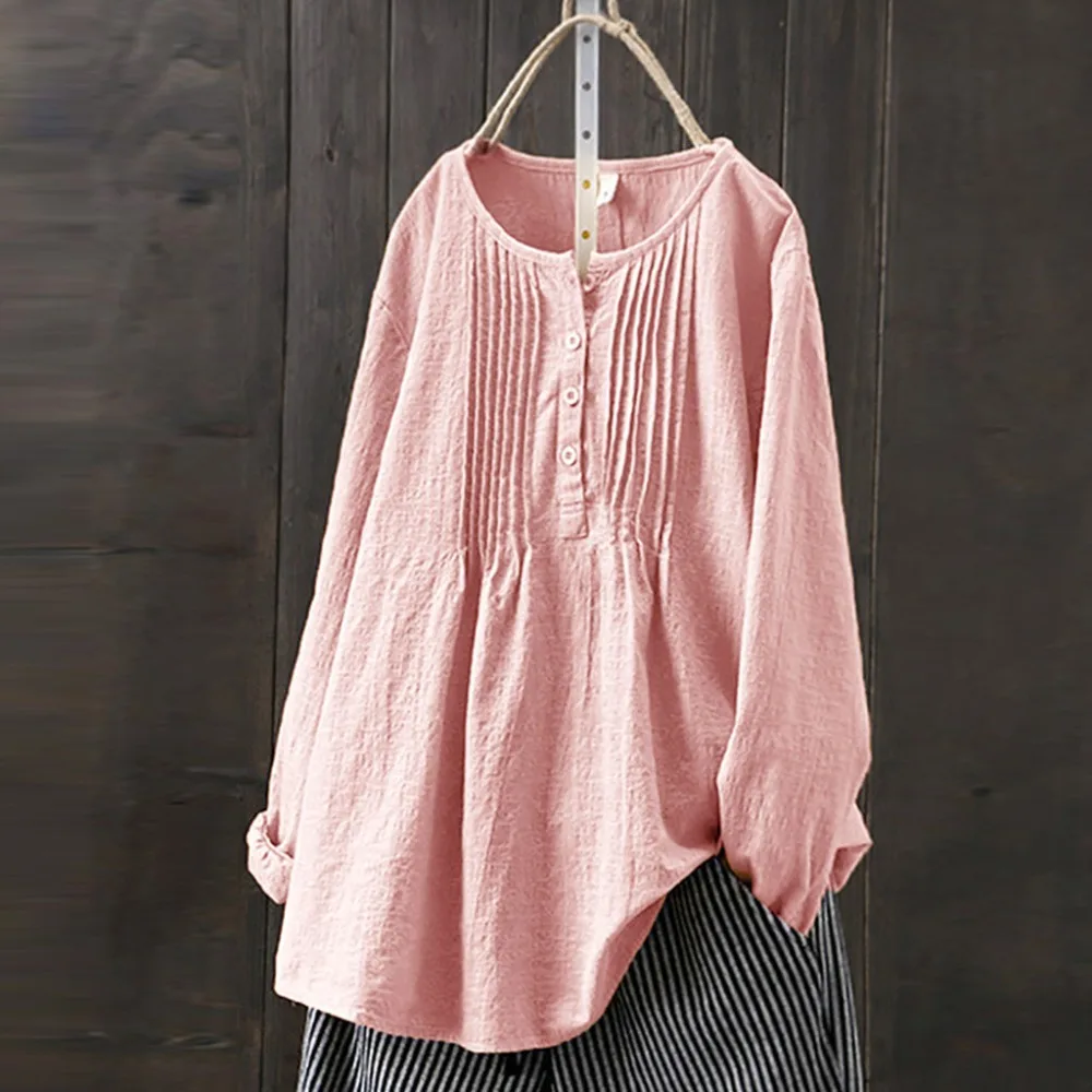 Cathalem Women T-Shirt Latest Long Sleeve Cotton Linen O-Neck Fish Print Blouse Plus Size Top Pullover