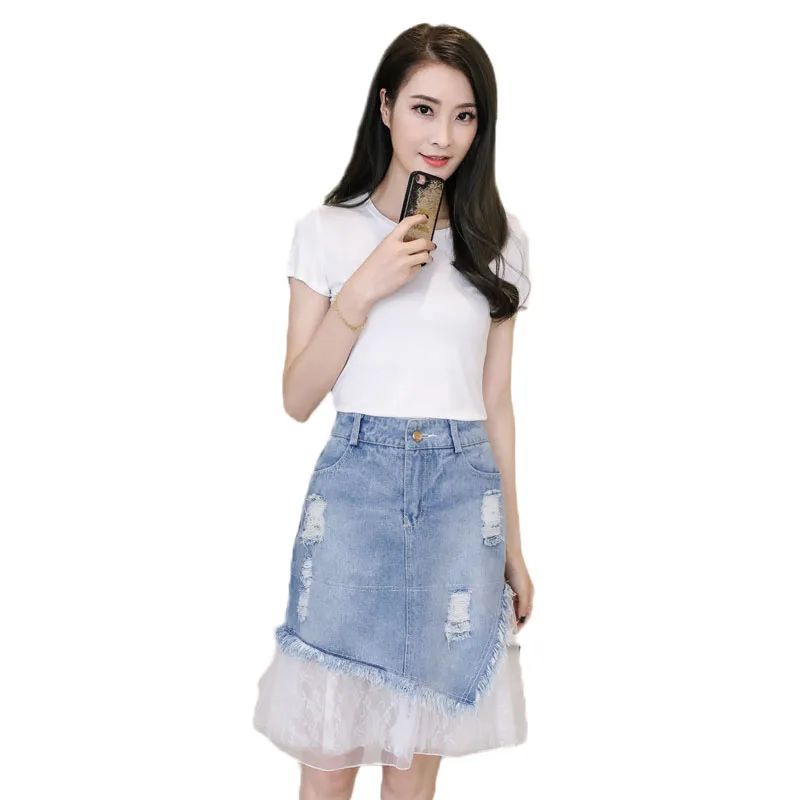 

Women Skirt Denim 2019 Spring Lace Net yarn Stitching Denim Skirt Summer New Hole High waist Trumpet /Mermaid Short Skirt JIA122