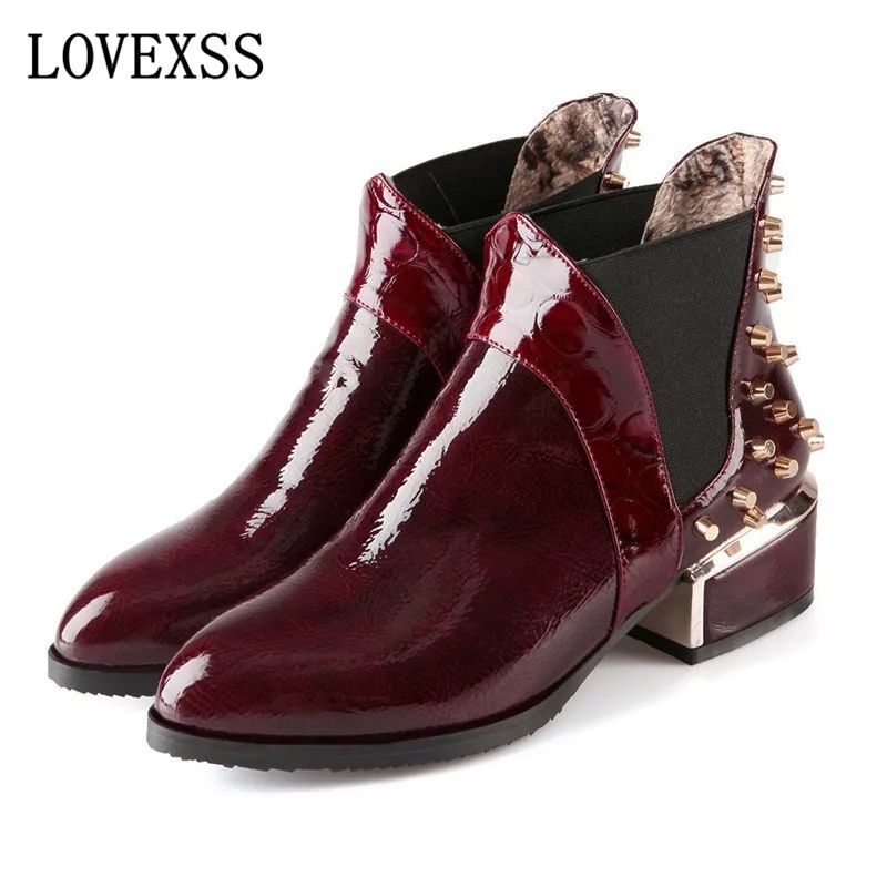 LOVEXSS Rivet Paint Boots Black Blue Red White Patent Leather Ankle Boots Short Plush Winter