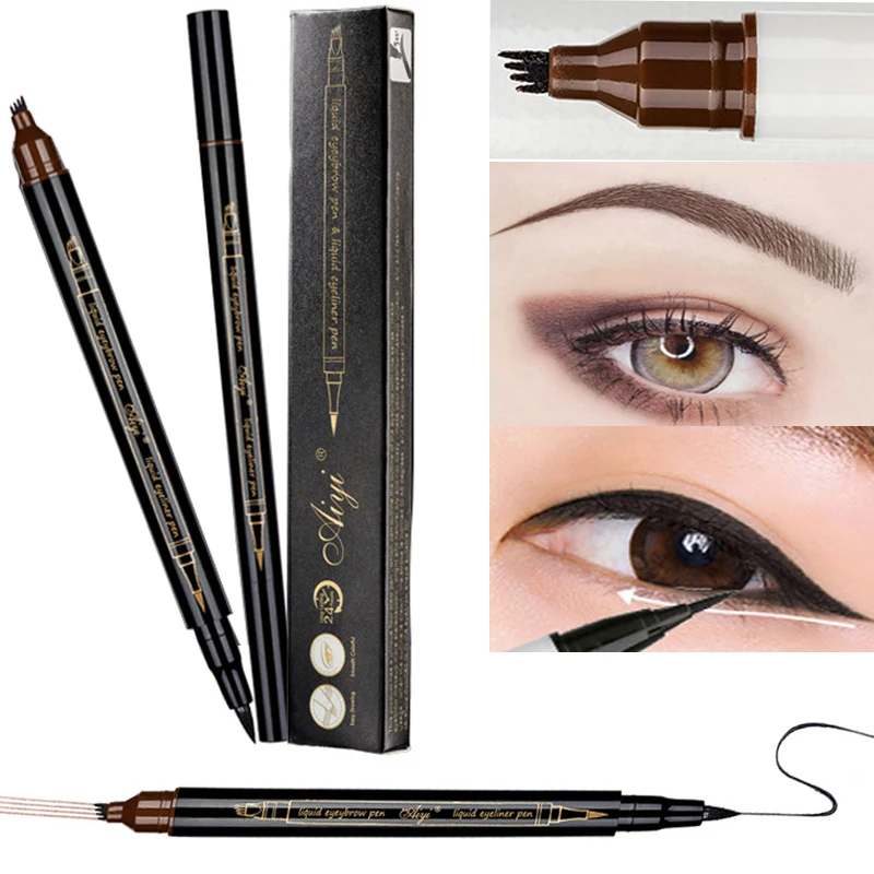 

2 in 1 Eyebrow Liquid Pencil Microblading Double Head Eyes Make Up Tint Henna Easy to Wear Brow Enhancer Black Eye Liner Pen
