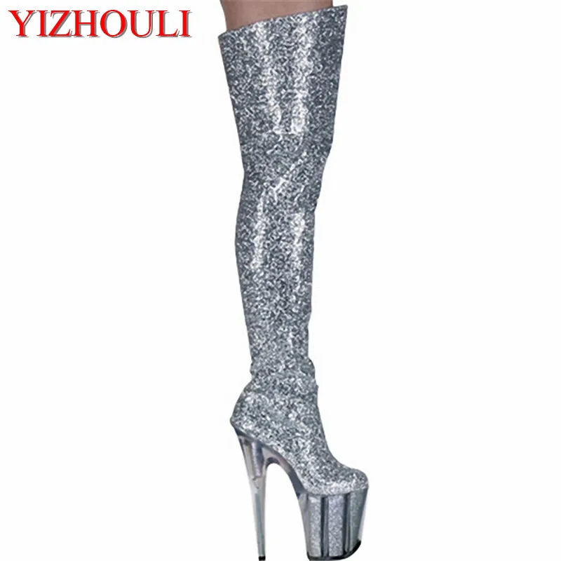 Shining Silver 20CM Ultra High Heels Boots Barreled Platform Fashion PU