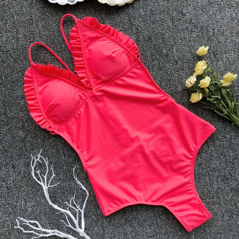 Цельный купальник пуш-ап, сексуальный купальник с глубоким вырезом, женский купальный костюм, женский купальный костюм, Женский Одноцветный плавленый купальник - Цвет: red