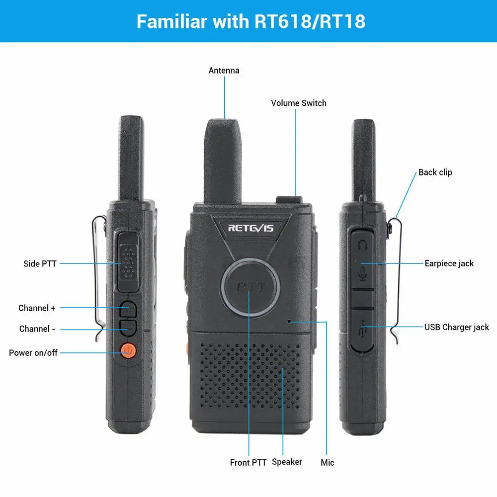 Мини рация Retevis RT618/RT18 4 шт. ультратонкая Портативная радиостанция с двойной PTT
