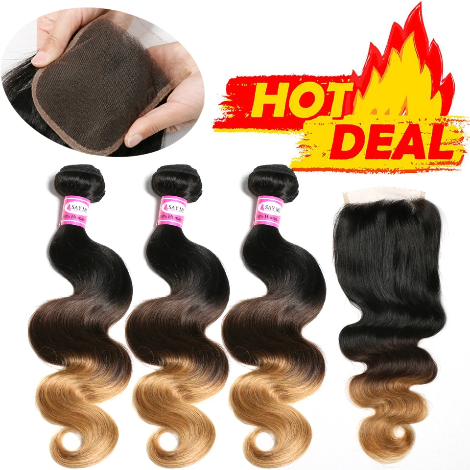 

Ombre Blonde Body Wave Bundles Bundles With Closure Brazilian Hair Weave 3 Bundles With Closure Remy Human Hair Bundles 1B/4/27