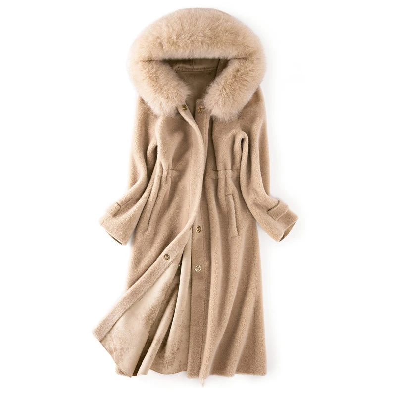 

2019 Brand New Arrival Winter Vintage Must Have Coat Natural Lamb Sheep Fur Overcoat hood Design and Real Fox Fur Collar ksr390