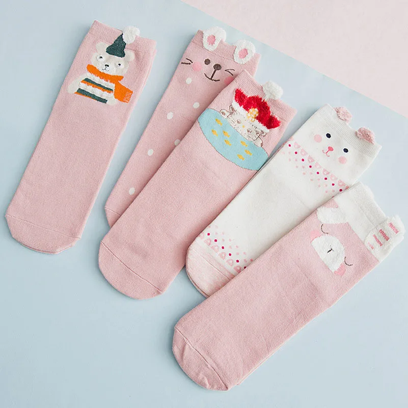 5 пар, женские хлопковые носки с милыми животными, женские носки, Meias, 3D носки, Calcetines Mujer, теплые носки на осень и зиму, женские носки для девочек - Цвет: B