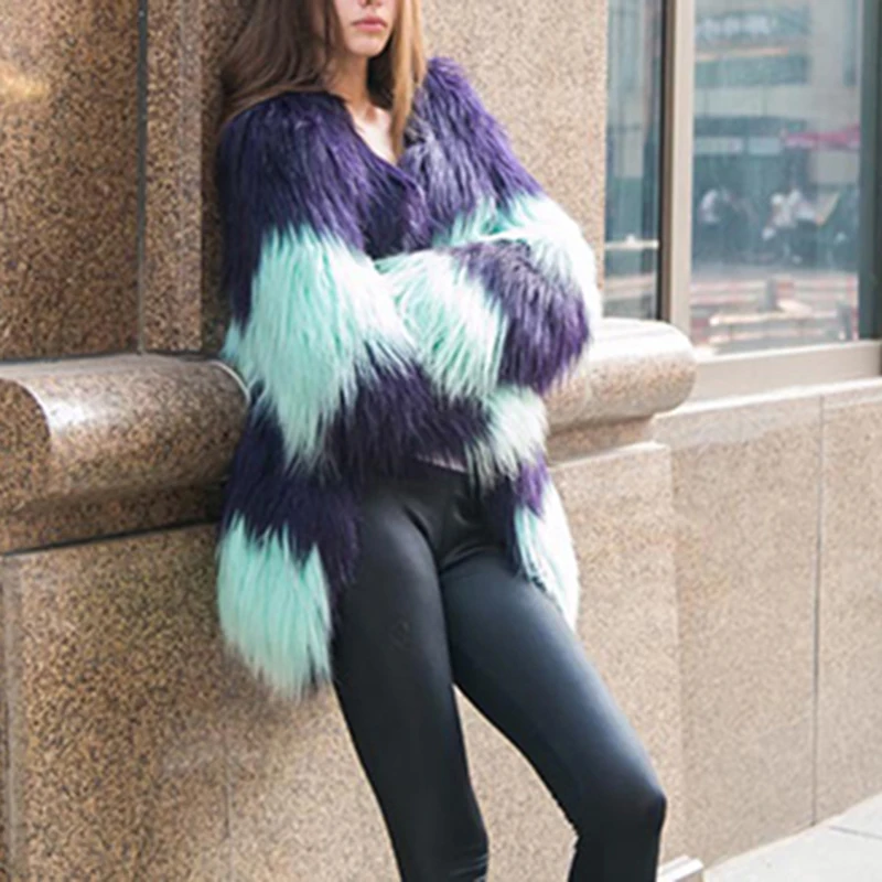 Tops Picture Manches Long Fausse Fourrure Artificielle En Femelle Manteau Mode Color De Manteaux Chaud Veste Femmes Patchwork D'hiver Outwear 2017 vUtFSF
