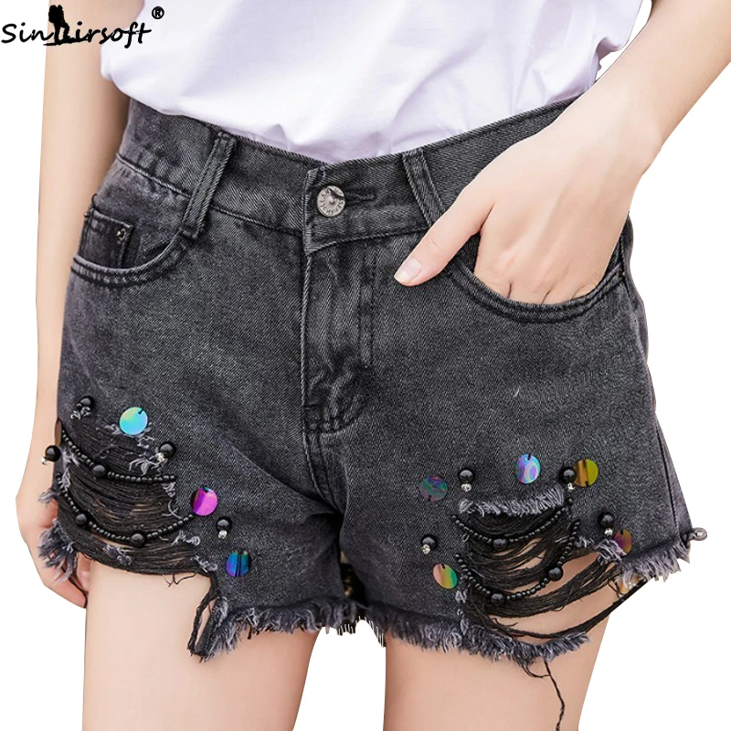

High Waist Women's Denim Shorts Vintage Sequined Beading Loose Shorts Female Loose Ripped Hole Short Jeans 2019 Summer Fashion
