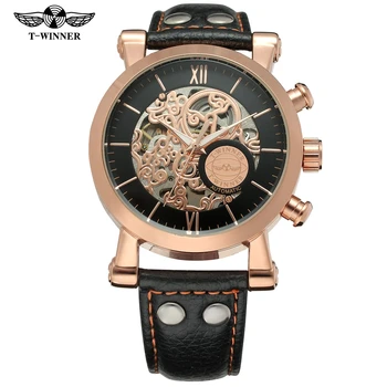 

WINNER Mens Watches Automatic Watch Golden Case Leather Strap Male Clock Black Mechanical Watch Relogio Masculino