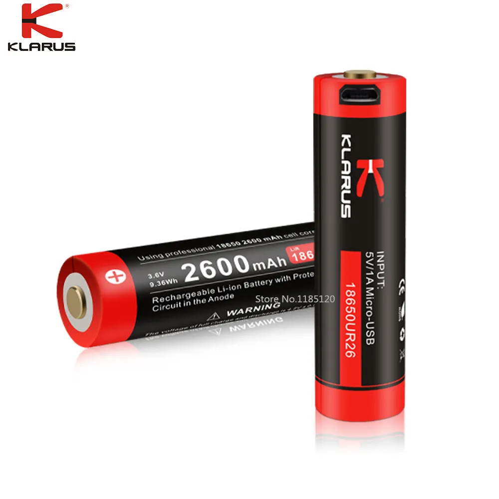 2 шт KLARUS 18650 18650UR26 USB литий-ионная батарея с Micro-USB зарядка 2600 mAh аккумуляторная батарея