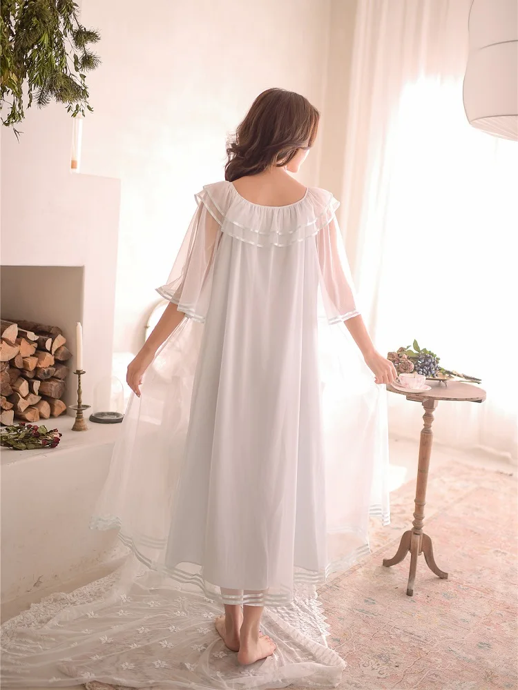 Летние белые кружевные хлопковые винтажные длинные ночные рубашки Женская Элегантная пижама принцессы размера плюс свободная одежда для сна