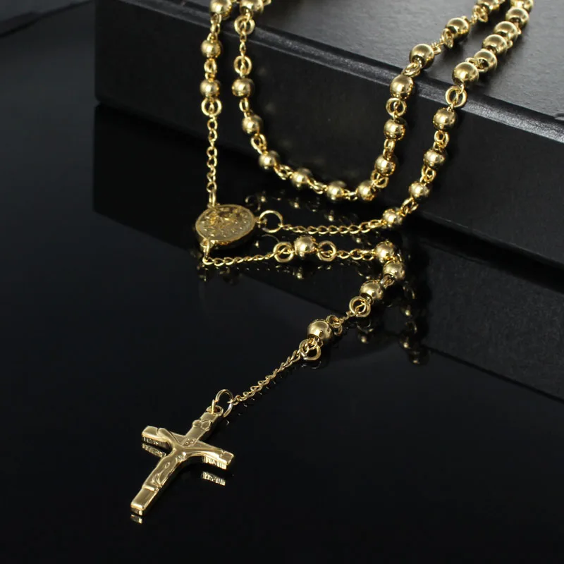 

2019 new Black Gold Color Beads Long Rosary Necklace for Women Men Stainless Steel St Benedict Cross Pendant Sweater Chain Unis