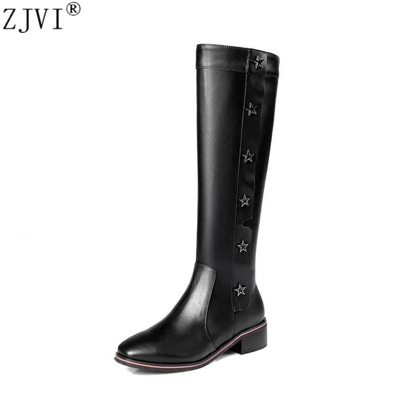 

ZJVI women autmn winter thigh high boots woman low heels genuine cow leather microfiber knee high boos fashion metal shoes
