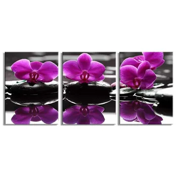 

Wall Art Decor Poster Painting On Canvas Print Purple Stone Flowers Floral 3 Panels with Wooden Framed Picture Decoration