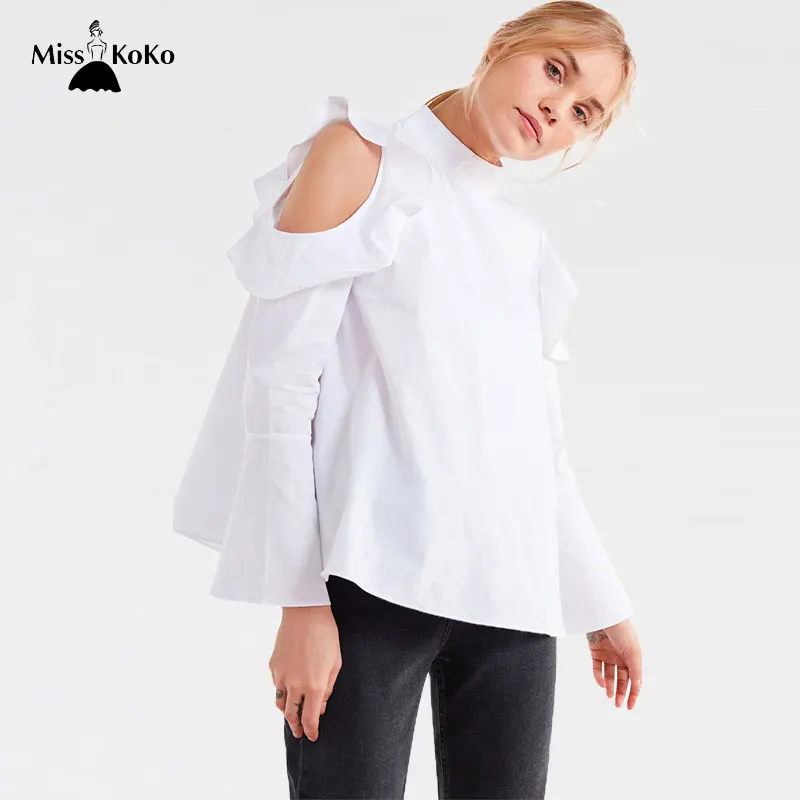 Misskoko 2018 Новая мода насыщенный Белый Для женщин Рубашки для мальчиков оборками с
