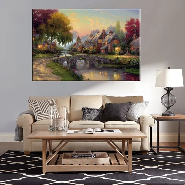 Wall Art Canvas Printed Country Cottage Cobblestone Bridge Landscape Wall Art Canvas Printed Country Cottage Cobblestone Bridge Landscape Picture Home Decor Painting For Bedroom Office