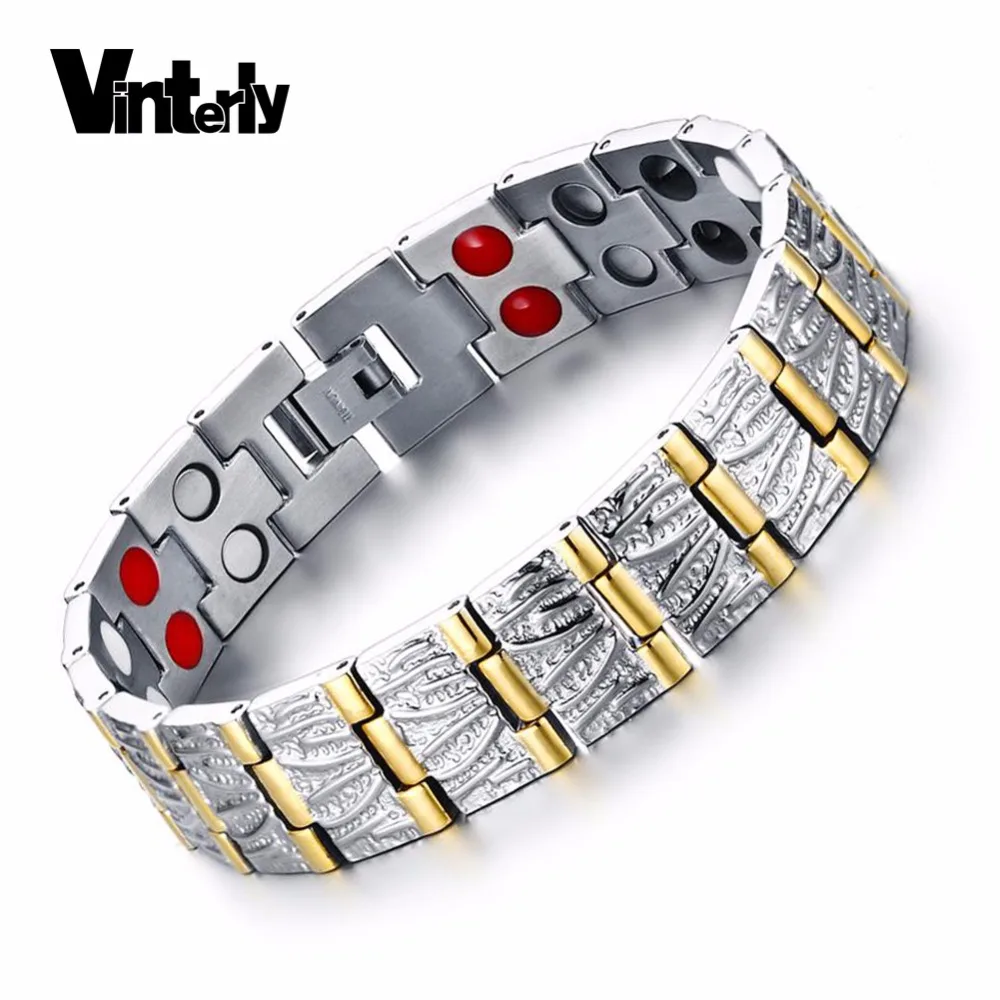 

Vinterly Mens Bracelet Gold Color Hand Chain Health Energy Magnetic Germanium Stainless Steel Bangles Bracelets for Men Jewelry