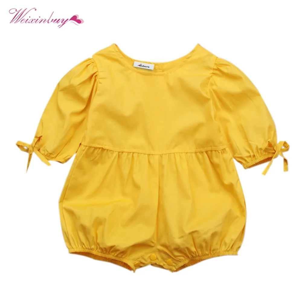 

Baby Girls Rompers Solid Puff Sleeves Onesies Cuffs Bows Decorated Rompers