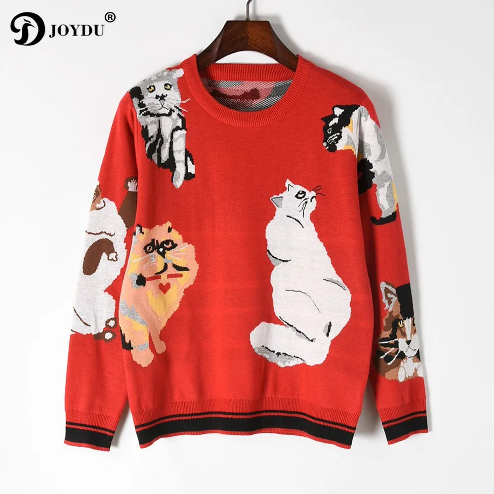 JOYDU Brand Designer Funny Tops Lady's Sweater 2018 New Sweet 7 Cats Pattern Long Sleeve Red Knit Pullover Chic Women Jumper | Женская