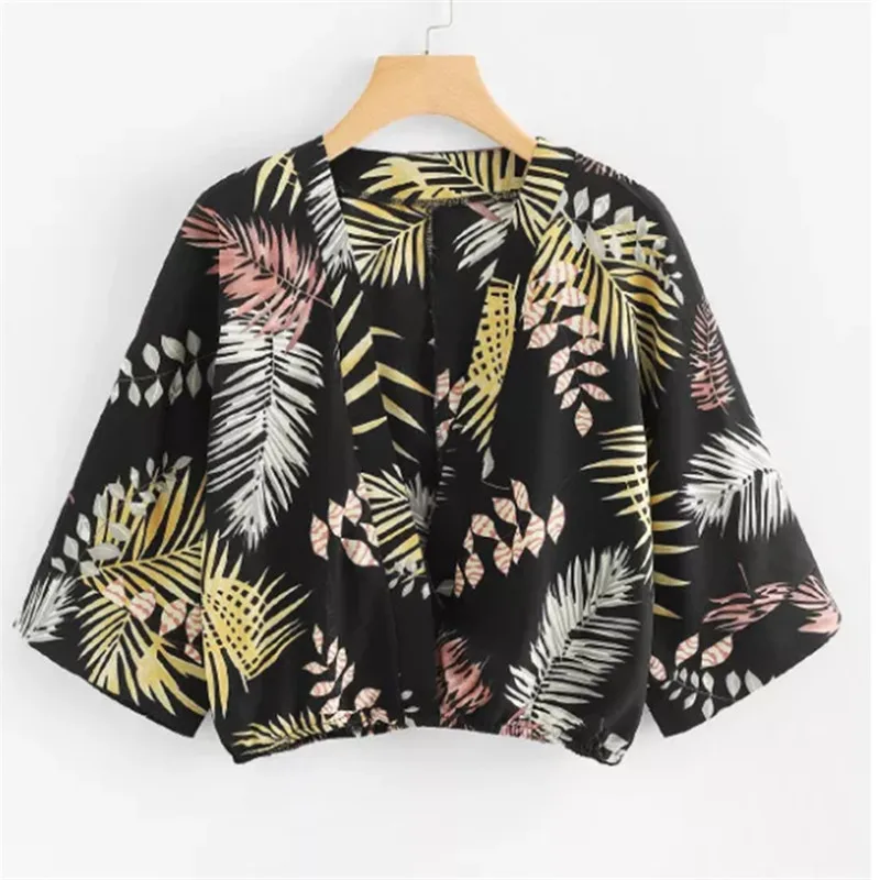 Chiffon Blouse Three-quarter Sleeve Floral Print Blouse Deep V-neck Lady Office Shirt Tunic Casual Loose Tops Blusas C1027