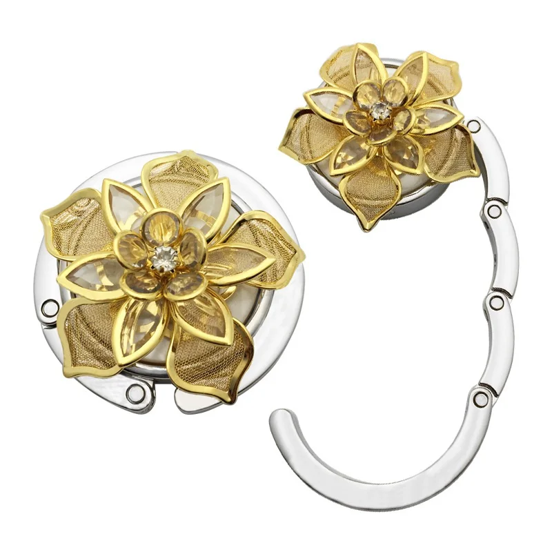 

Golden Flower Pattern Round Foldable Table Hook Hanger Storage Holder With Non-Slip Rubber Backing New 0259