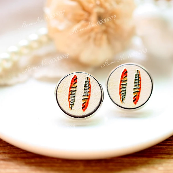 

Unique 3D Feather Embossed 16mm Round Coloured Drawing pattern Laser Cut wood Cabochon DIY for Rings, Earring,Brooch,Necklace