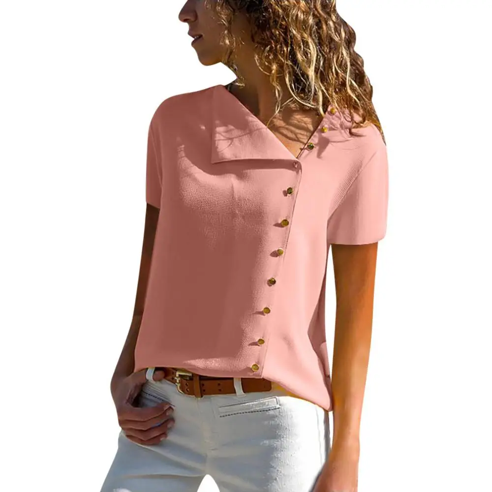 

Plus Size Short Sleeve Chiffon Blouse Top Solid Color Button Irregular Collar Top Fashion Loose Casual Top Blusas Mujer