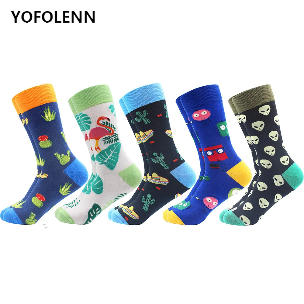 

5 pair/lot Men's Socks Alien Car Flamingo Pattern Colorful Combed Cotton jacquard Socks Man gift Crew Business Dress party Socks
