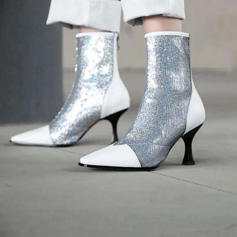 

sequined cloth boots pointed toe strange low heels ankle boots mixed color back open bottes female zapatos de mujer shoes woman