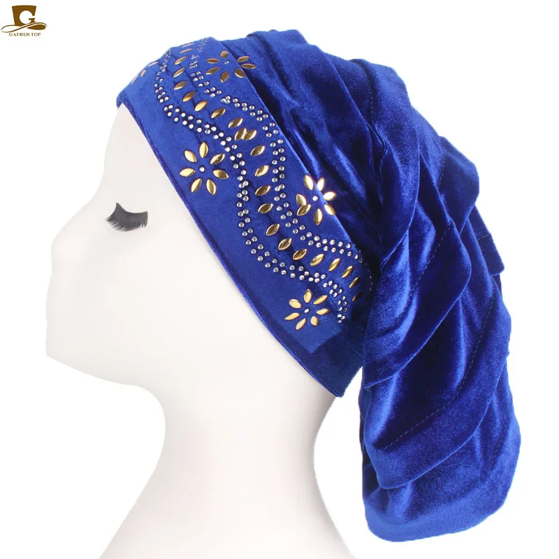 Новинка, бархатный гофрированный тюрбан, дредлок, чепчик для сна, мешковатая шапка для выпадения волос, мусульманский хиджаб, сутулящаяся шапка, аксессуары для волос - Цвет: Королевский синий