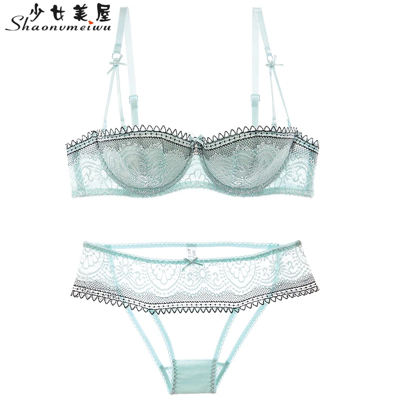 Beste Shaonvmeiwu Sexy kant dunne gedeelte verzameld verleiding bh set half cup ondergoed beha 2 1 cup zwarte dunne katoenen