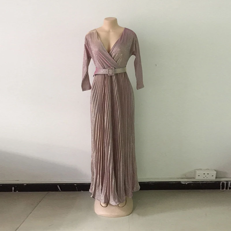 Яркое бронзовое элегантное плиссированное платье для женщин, блестящее платье с глубоким вырезом и длинным рукавом в пол, винтажное платье макси с высокой талией и поясом