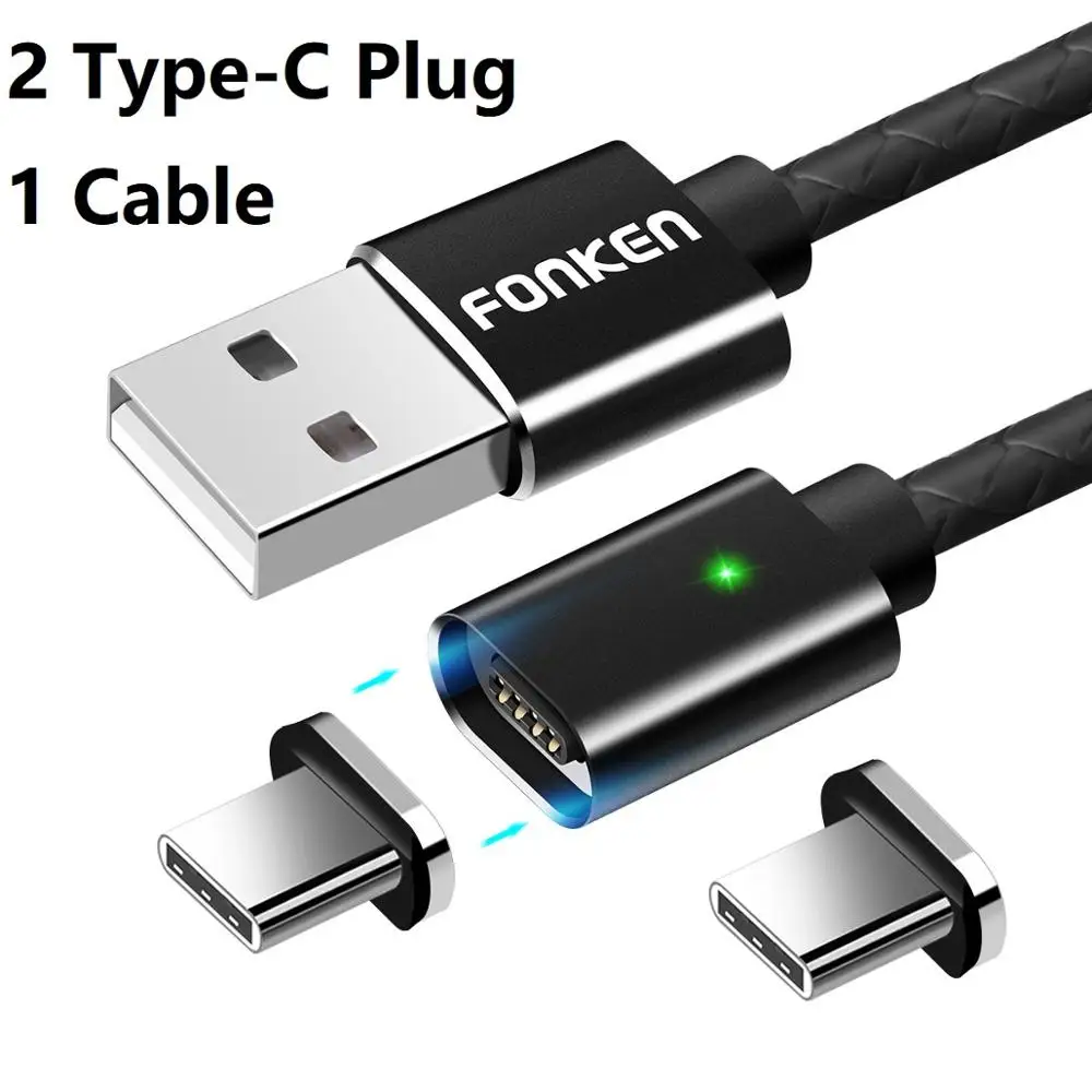 Магнитный кабель FONKEN type-C, USB C, кабель для быстрой зарядки телефона, светодиодный двусторонний кабель для быстрой зарядки и синхронизации данных для мобильного телефона - Цвет: 2 Plug 1 Black Cord