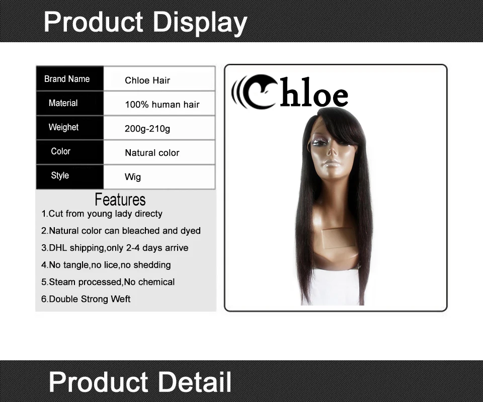 Chloe человеческие волосы на кружеве, парики, прямые, натуральный цвет, бразильские волосы remy с волосами младенца, средний размер, FT1556