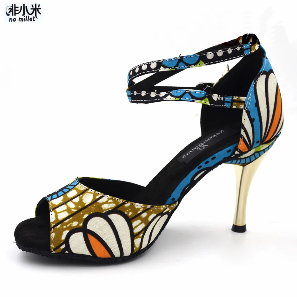 

2017 New Style Blue African Print Style Size US 4-12 Open Toe 8.5 cm Heel Height Latin Salsa Satin Dance Shoes For Women L-150
