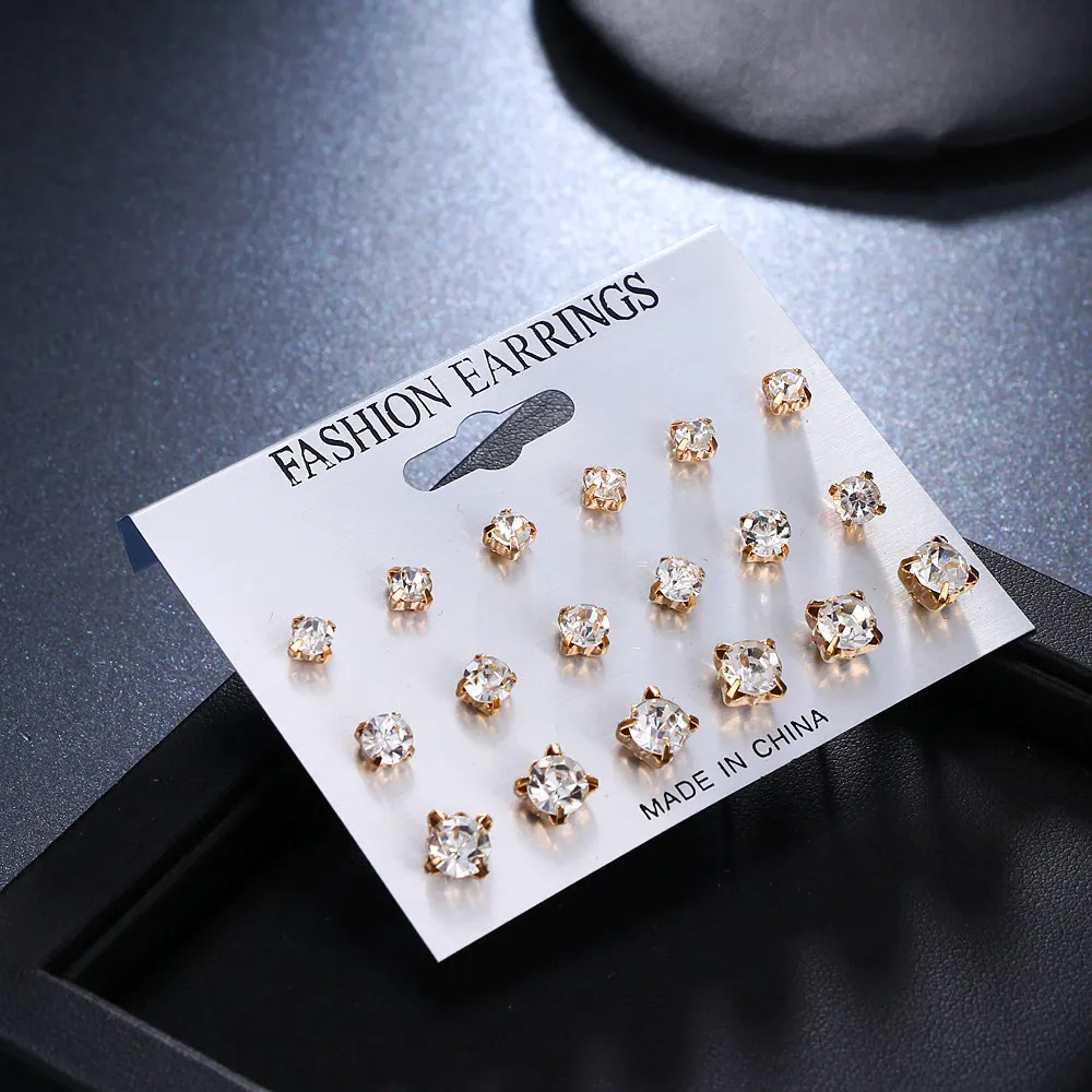 

Fashion Punk Charm Stud Earrings Set For Women 9 Pair/Set Brincos Mixed Shiny Crystal Earrings Jewelry Pendientes Wholesale