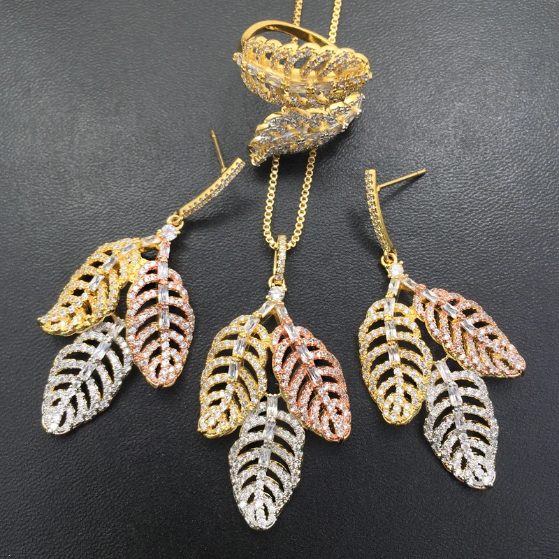 

Lanyika Jewelry Set Modern Simple Hollow Leaf Full Shiny Zircon Plated Necklace with Earrings and Ring Party Bridal Best Gift