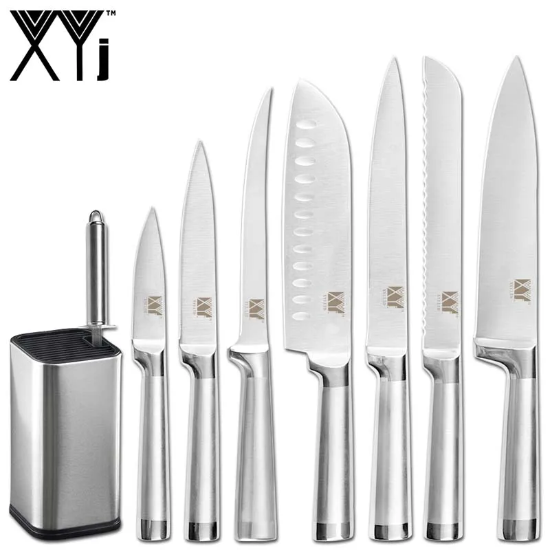 XYj Kitchen 8pcs Stainless Steel Knives Set 8 inch Knife Stand Boning Santoku Knives Fish Sushi Japanese Style Cooking Tools - Цвет: A.9pcs set