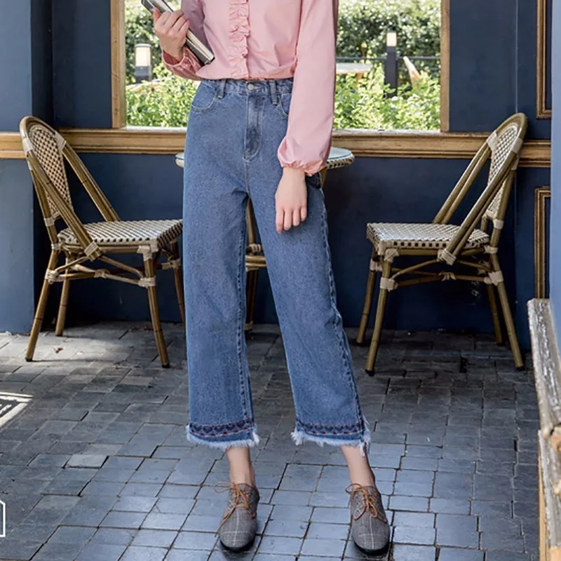 

[AOSHENG] 2018 Autumn Winter Lace-up High Waist Jeans Embroidery Pockets Loose Denim Pants Women New Fashion All-match Y669