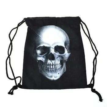 

High Quality Oxford cloth Black Head skull Shopping Bag Travel Storage Package 3D Printed Vintage Drawstring Backpacks
