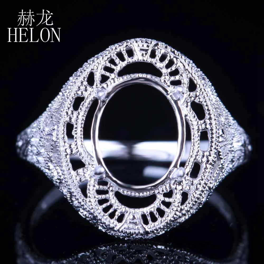 

HELON 10x8mm Oval Cut Solid 10k White Gold Art Deco Filigree Antique Women Engagement Wedding Jewelry Semi Mount Ring Setting