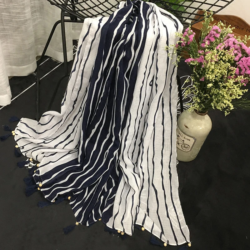Marte& Joven классический темно-синий полосатый хлопковый шарф шали для женщин элегантные женские длинные теплые пашмины Обертывания с бусинами кисточками