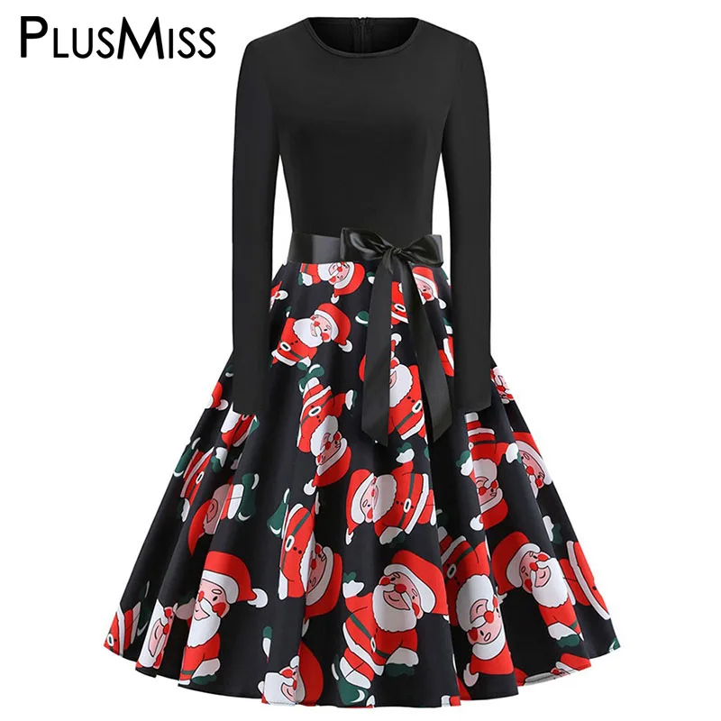 

PlusMiss Plus Size Christmas Santa Claus Bow Party Dresses 5XL XXXXL XXXL XXL Big Size Women Long Sleeve Vintage Midi Dress 2018