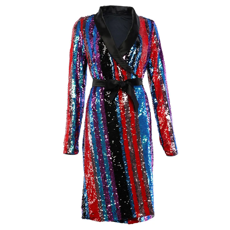 Kat Graham/Радужное платье с пайетками; модное платье с глубоким v-образным вырезом и длинным рукавом; разноцветное платье в полоску с поясом; элегантное платье миди с запахом - Цвет: red sequin mini
